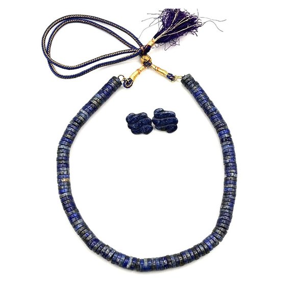 LAPIS LAZULI Disc Saucer Bead Necklace Earring Set Adjustable String Closure 20" - Picture 6 of 10